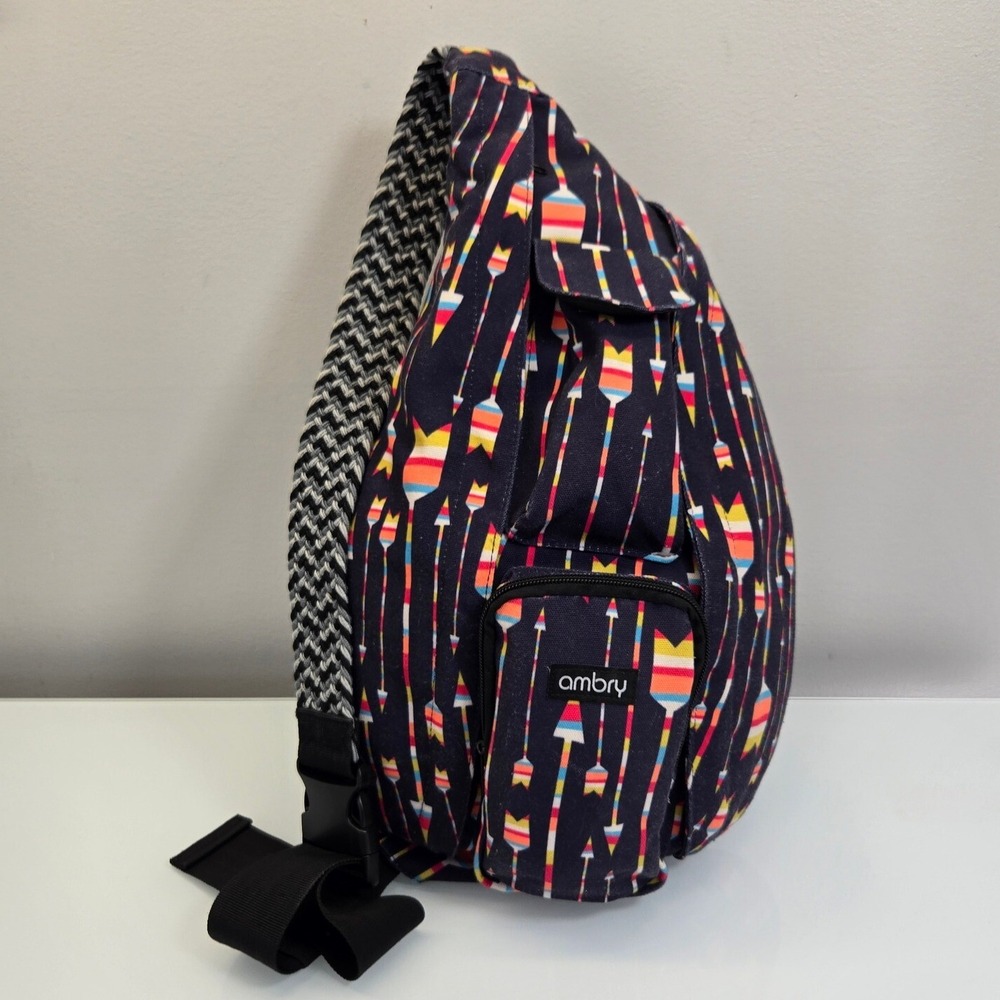Ambry Rope Sling Crossbody Bag Medium Blue Arrows Boho Cotton Travel Pockets Fun
